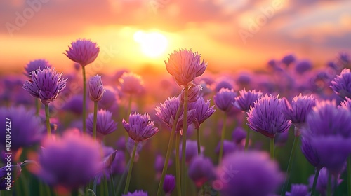 A field of purple chives in the foreground, with the sun setting behind them. emphasize the flowers and sky. 