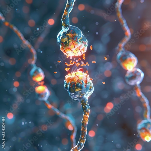 a single synapse with neurotransmitters being released, with a blurred background of a neuron network Focus on the communication process between nerve cells and the impact of neurotransmitters photo