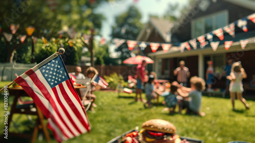 American flag on a patio full of guests enjoying a Memorial Day barbecue, children playing in the background. American family and friends celebrating the 4th of July, Independence Day. Copy space.
