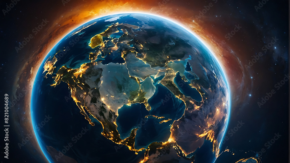 Fototapeta premium Illuminated Earth at Night With Glowing City Lights From Space