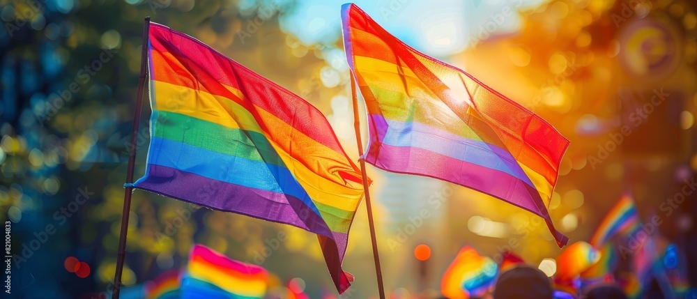 Vibrant rainbow pride flags fluttering in the sunlight during a colorful and lively LGBTQ parade event.