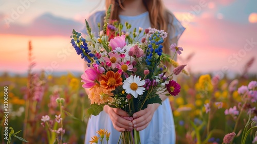 A girl holding wildflowers in her hands, creating an enchanting and colorful bouquet of various flowers such as daisies, lilies, roses, bluebells, pink blossoms. 