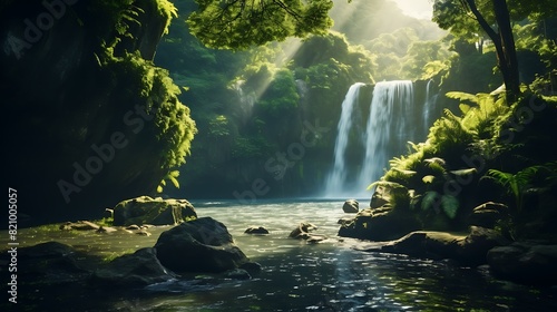 A tranquil waterfall cascading down a lush green cliff into a crystal-clear pool below  surrounded by verdant foliage.