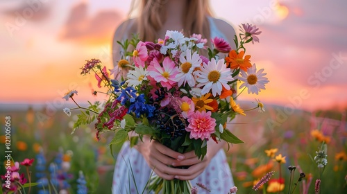 A girl holding wildflowers in her hands, creating an enchanting and colorful bouquet of various flowers such as daisies, lilies, roses, bluebells, pink blossoms. 