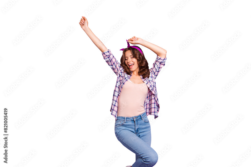 Portrait of nice dreamy positive optimistic cheerful cheery glad lovely attractive winsome lady opened mouth raising hands up having fun isolated over violet pastel background Portrait of nice dreamy positive optimistic cheerful cheery glad lovely attractive winsome lady opened mouth raising hands up having fun isolated over violet pastel background