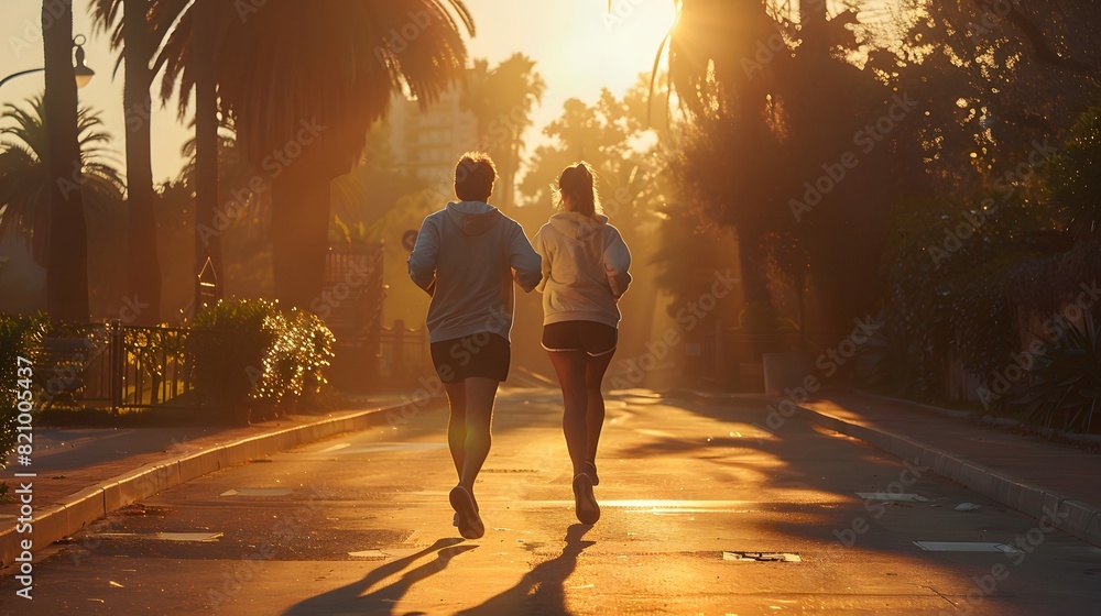 A man and woman in their late thirties, wearing sweatshirts and shorts while jogging on an early morning street surrounded by trees.
