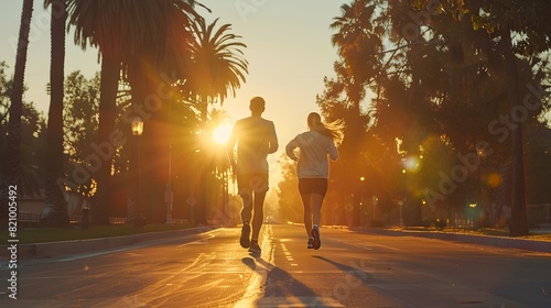 A man and woman in their late thirties, wearing sweatshirts and shorts while jogging on an early morning street surrounded by trees. 