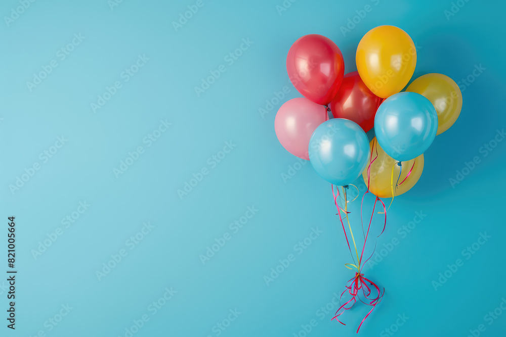 Vibrant Colorful Balloons Floating on Empty Blue Wall Background with Copy Space - Festive Celebration Concept Vibrant Colorful Balloons Floating on Empty Blue Wall Background with Copy Space - Festive Celebration Concept