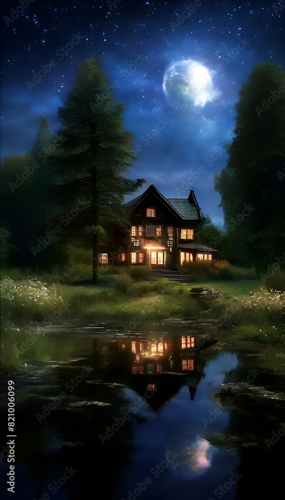 Landschaft Märchenhaus am Teich. Hintergrund für das Design 1. Landschaft Märchenhaus am Teich. Hintergrund für das Design 1.