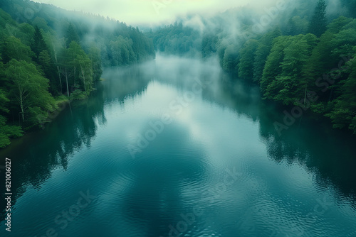 Drone view of a calm lake at dawn photo