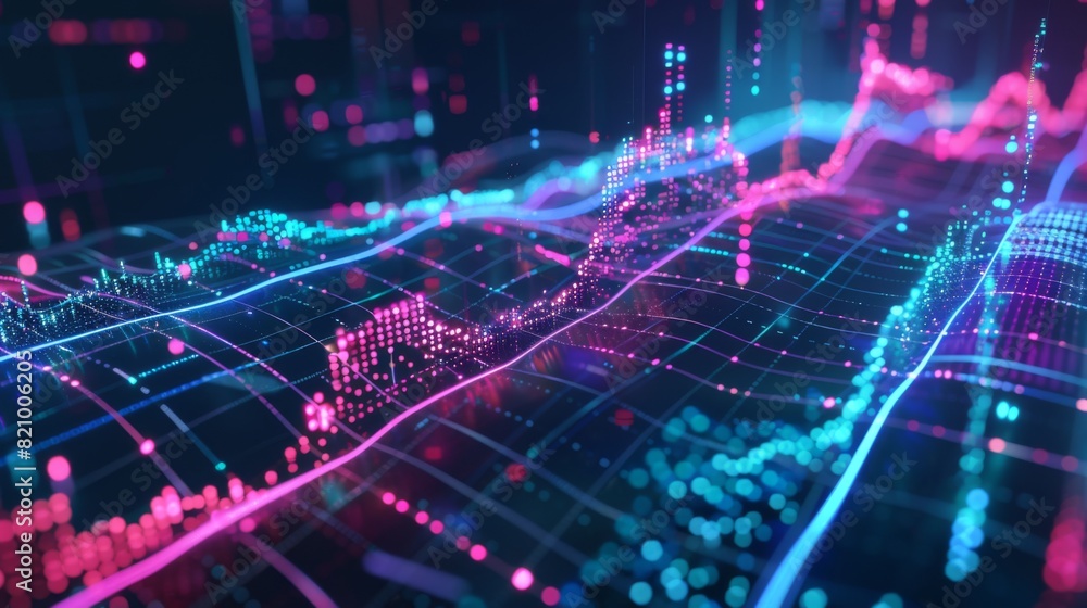 Abstract digital representation of a stock chart with glowing lines and data points. Abstract digital representation of a stock chart with glowing lines and data points.