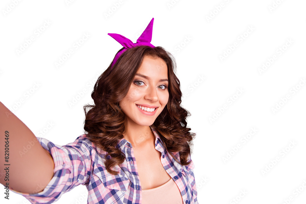 Self-portrait of her she nice cheerful sweet tender lovely attractive adorable pretty wavy-haired lady wearing checkered shirt head band isolated over violet pastel background Self-portrait of her she nice cheerful sweet tender lovely attractive adorable pretty wavy-haired lady wearing checkered shirt head band isolated over violet pastel background