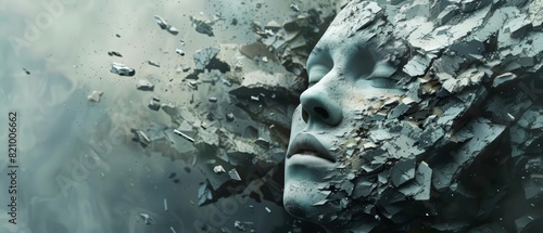 Capture a haunting, close-up portrait of a fracturing mind in a dystopian realm, surrealism intertwined with psychological elements, executed in hyper-realistic digital art photo