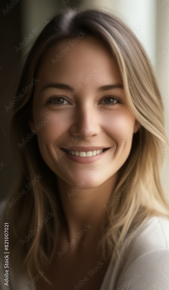 A woman's serene smile enhanced by soft natural light, capturing a moment of blissful thought. A woman's serene smile enhanced by soft natural light, capturing a moment of blissful thought.