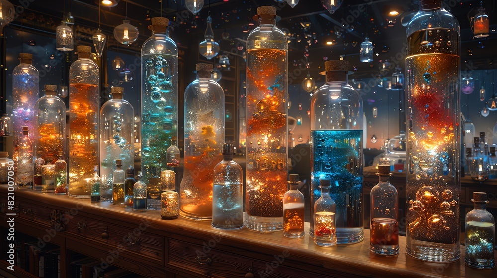 A row of glass bottles filled with colorful liquids and ornaments, illuminated by warm string lights. A row of glass bottles filled with colorful liquids and ornaments, illuminated by warm string lights.