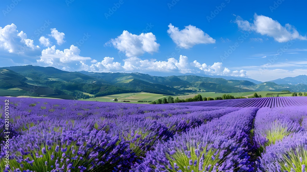 A panoramic view of lavender fields in full bloom, with rows upon rows stretching to the horizon under a bright blue sky.
