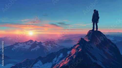 silhouette of a climber, standing on top of a high mountain, a distant mountain range, a blue sky, and a sunset twilight on the horizon, realistic