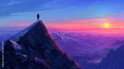 silhouette of a climber, standing on top of a high mountain, a distant mountain range, a blue sky, and a sunset twilight on the horizon, realistic #821007020