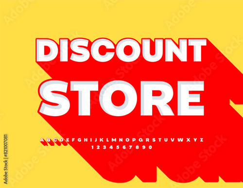 Vector bright signboard Discount Store. Trendy 3D Font with Big Red Shadow. Creative set of Alphabet Letters and Numbers.