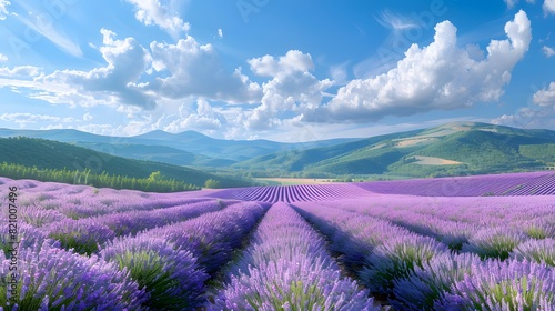 A panoramic view of lavender fields in full bloom, with rows upon rows stretching to the horizon under a bright blue sky. 