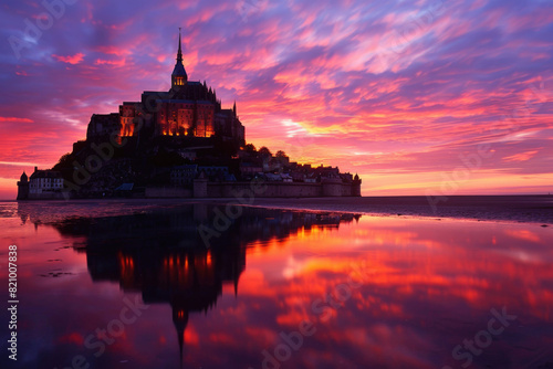 Mont Saint-Michel silhouetted against a vibrant sunrise over the bay