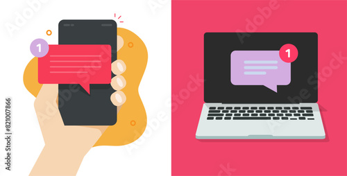 New sms message on cell phone screen and new email notification notice reminder on computer laptop pc vector icon graphic illustration set, chat messenger app flat cartoon style image clip art