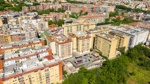 Fototapeta Naklejka Na Ścianę i Meble -  Aerial view of the residential houses and buildings of the Marconi district in Rome, Italy.