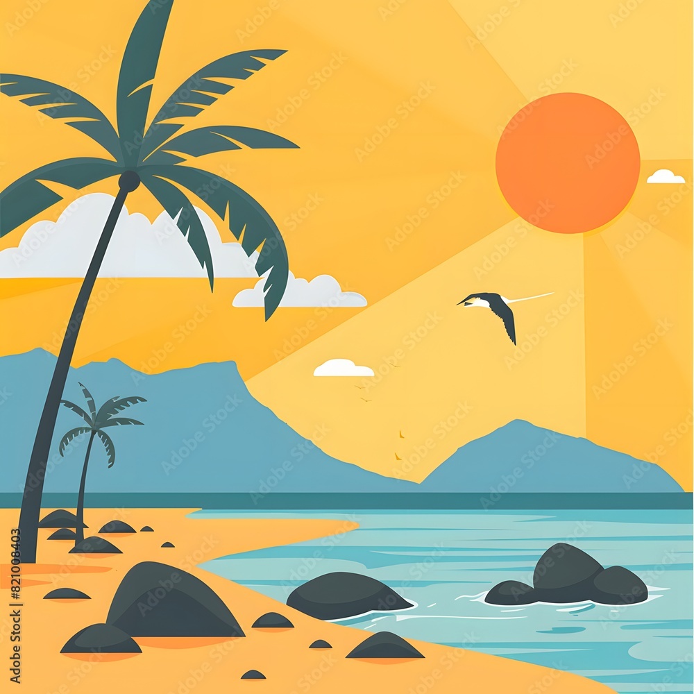 Tropical beach with palm trees and mountains in a sunset illustration background for t shirt design. The sun shines on the sea water, yellow sky and clouds, rocks, and seagull. Summer vacation concept