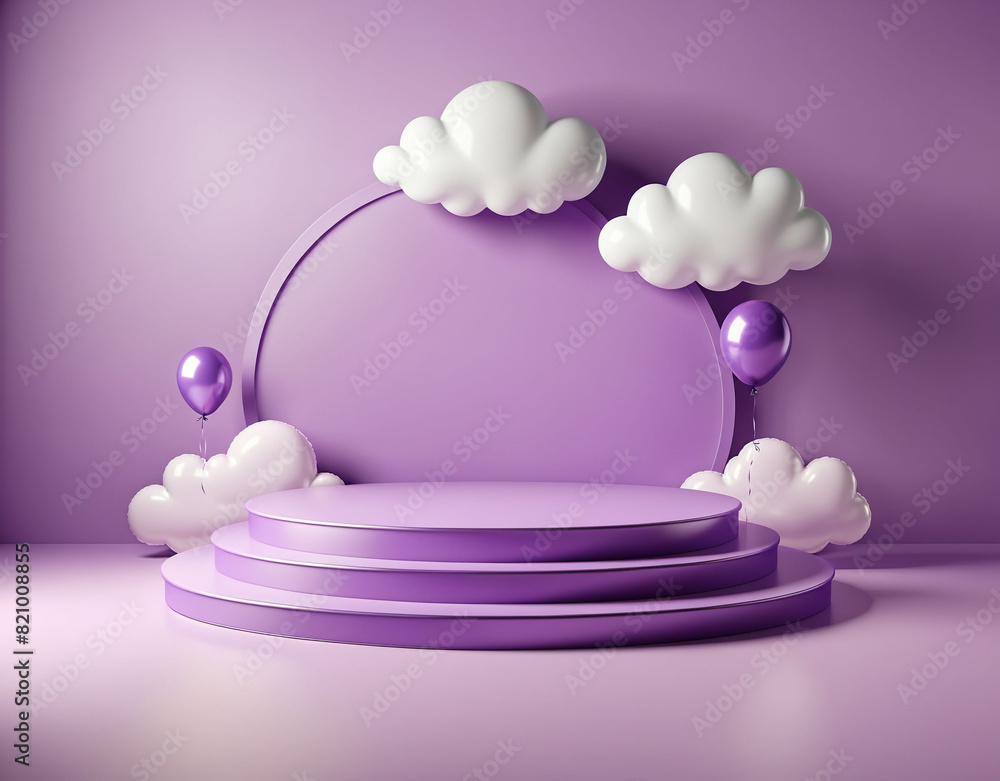 Podium, gift box, cloud, violet background. Concept for product visualization. Pedestal, stand with present, banner, pastel colored. 
