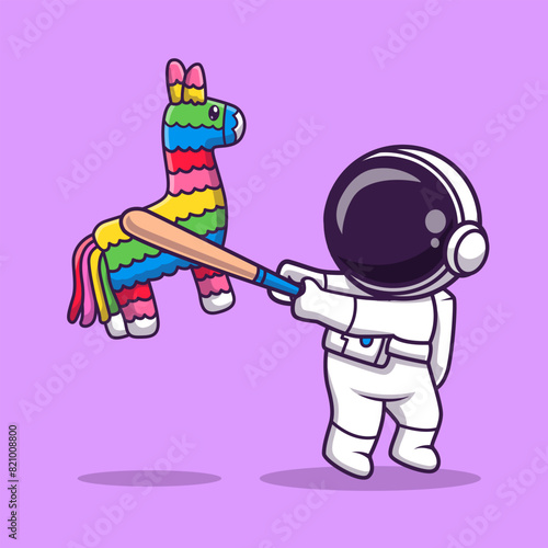 Cute Astronaut Hit Pinata Cartoon Vector Icon Illustration. 
Science Holiday Icon Concept Isolated Premium Vector. Flat 
Cartoon Style