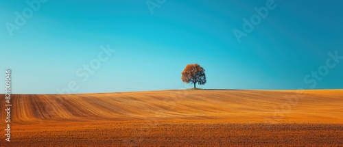 A lone tree stands on a grassy hill under a clear blue sky.