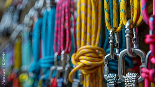 A wall of colorful climbing accessories, such as carabiners and ropes, hangs in the background. 