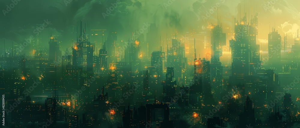 Fototapeta premium Create a frontal view of a dystopian cityscape, enveloped in an atmospheric background, using impressionistic style