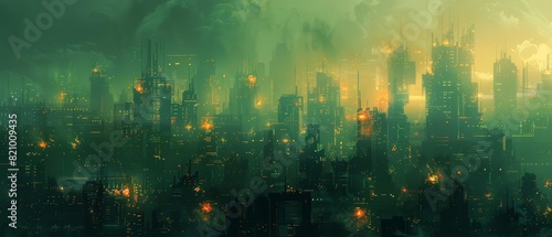 Create a frontal view of a dystopian cityscape, enveloped in an atmospheric background, using impressionistic style © Keyframe's