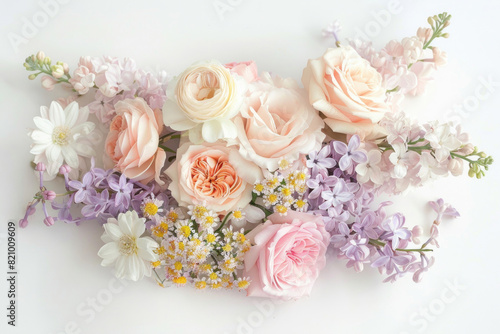 Small bouquet with pastel flowers on white background