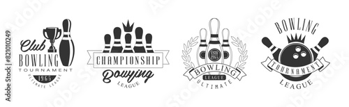 Bowling Tournament League Monochrome Label and Logo Design Vector Set