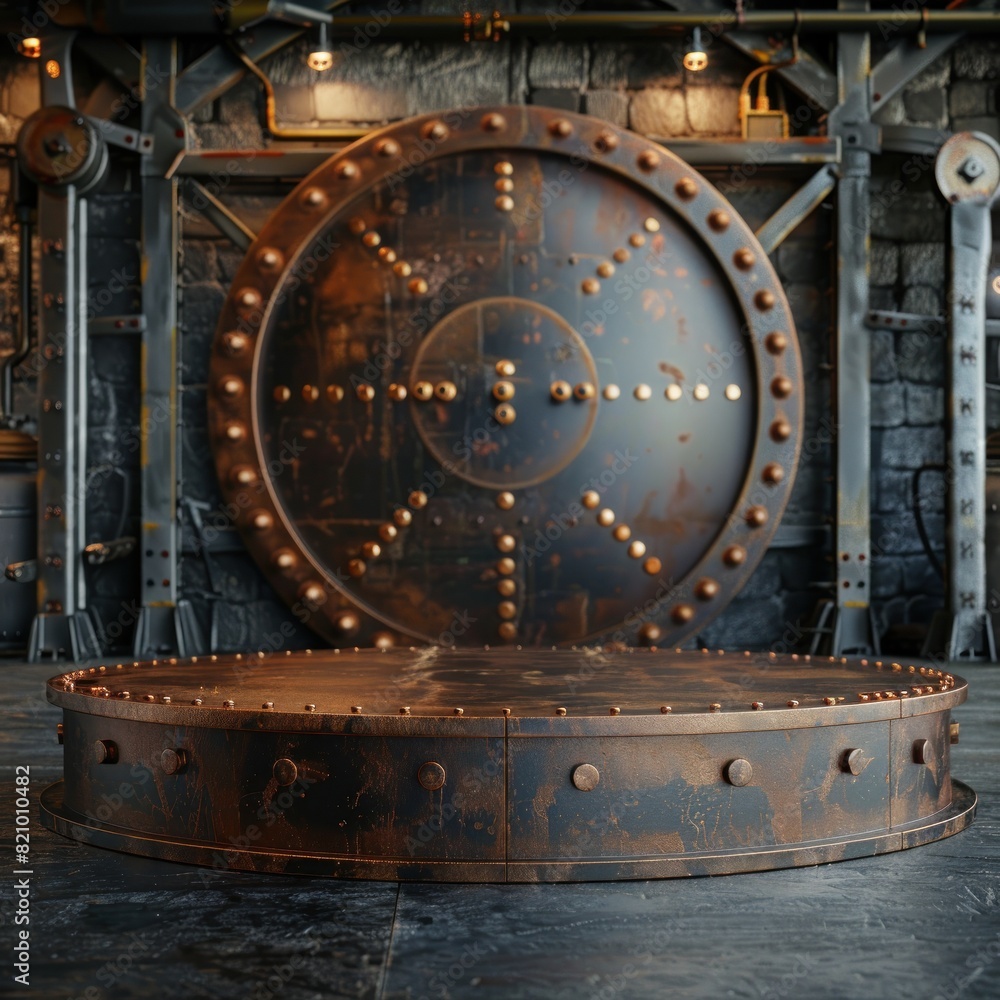 Fototapeta premium A large, rusty metal disc with rivets, set against a backdrop of industrial machinery and exposed brick. A steampunk aesthetic.