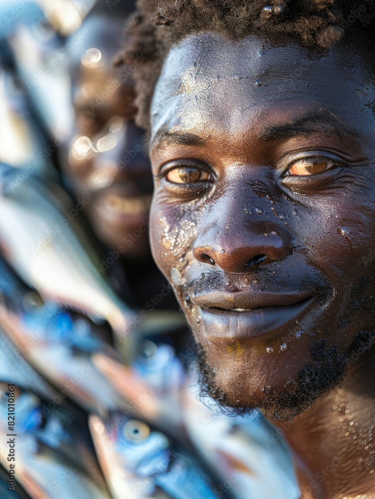 A young African fisherman with wet face smiling and holding fresh fish. A young African fisherman with wet face smiling and holding fresh fish.