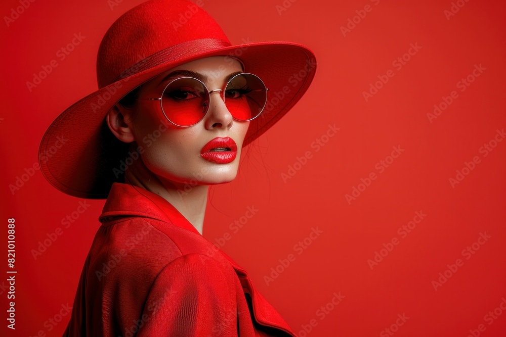 Attractive young woman with long hair in fashionable red hat and sunglasses posing on vibrant red background portrait Attractive young woman with long hair in fashionable red hat and sunglasses posing on vibrant red background portrait