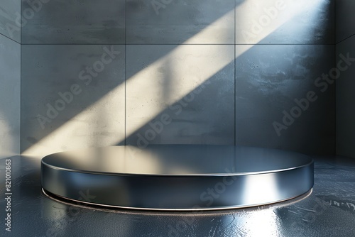 A silver platform with a light hitting it in a modern setting. Perfect for product display or presentations. photo