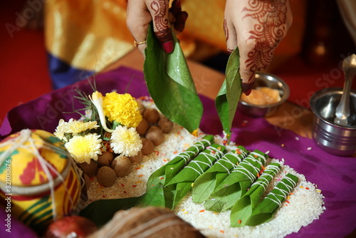 Holy grahmakh pooja done before wedding and threading ceremony, Indian Hindu traditional Cultural rituals, mandap devta poojan, artistic photos,  photo