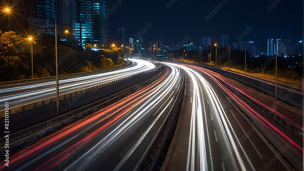 Urban Night Traffic Trails Long Exposure Lights on Overpass in City Center Urban Night Traffic Trails Long Exposure Lights on Overpass in City Center