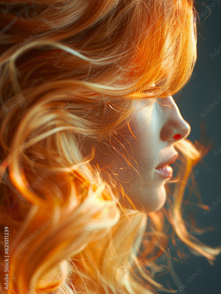 Close-up side profile of a young redhead woman with vibrant hair.