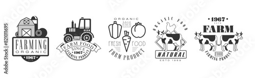 Organic Farm Product Label and Logo Monochrome Design Vector Set