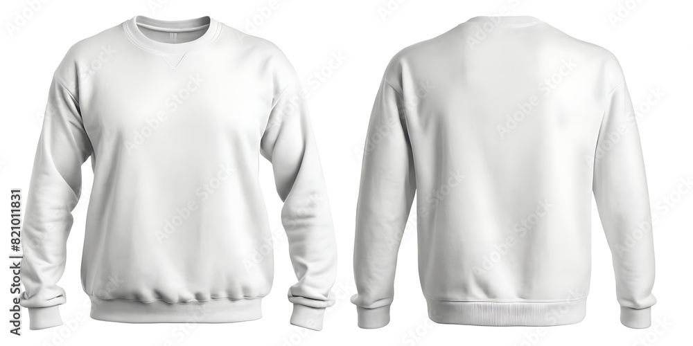 Front and back view of a plain white crewneck sweatshirt. Front and back view of a plain white crewneck sweatshirt.