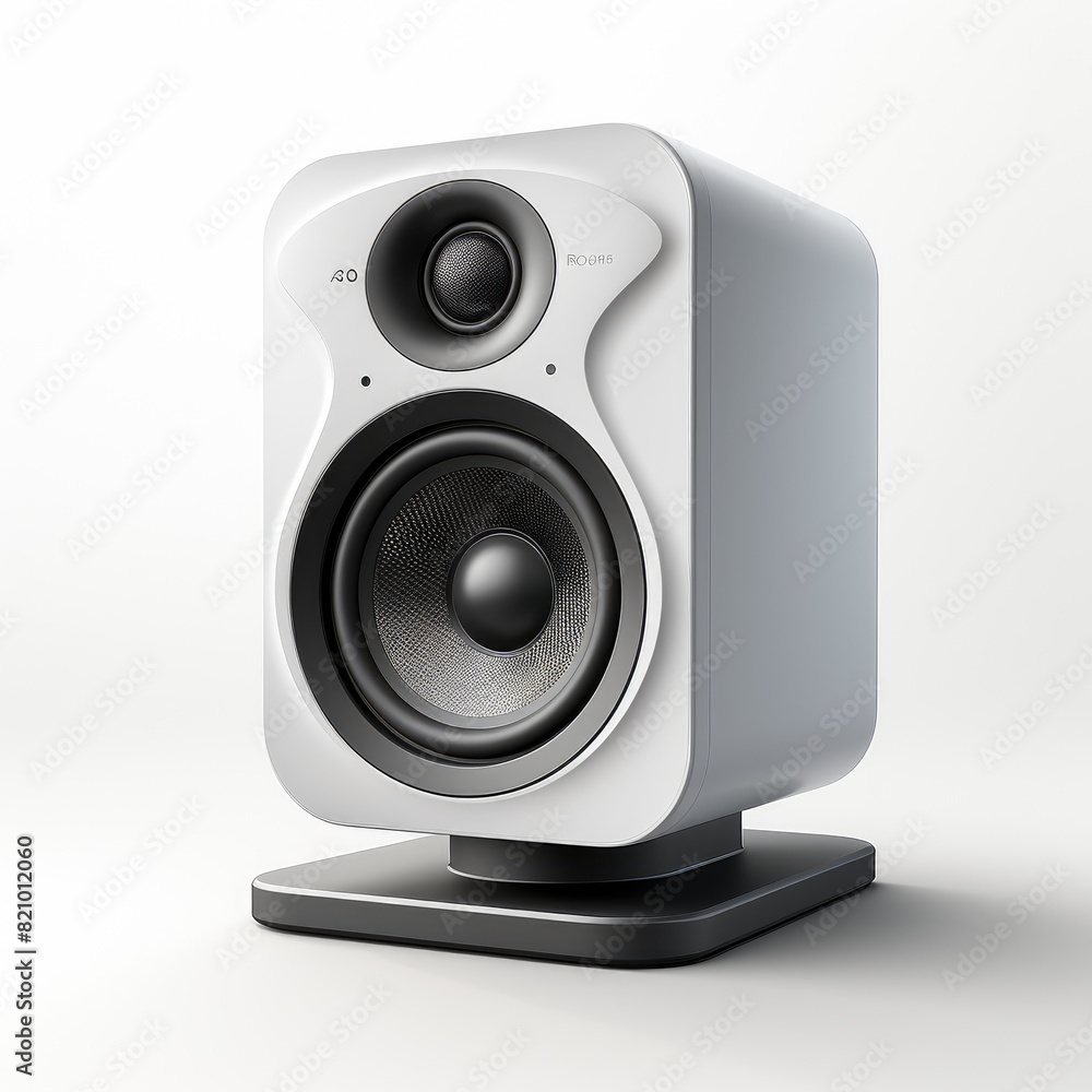 Modern white speaker with a black speaker grill and a black base isolated on a white background. Modern white speaker with a black speaker grill and a black base isolated on a white background.