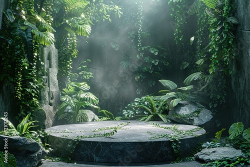 The ancient stone pedestal stands in the middle of a lush jungle. Plants and vines have grown over the pedestal  creating a mystical and overgrown atmosphere.