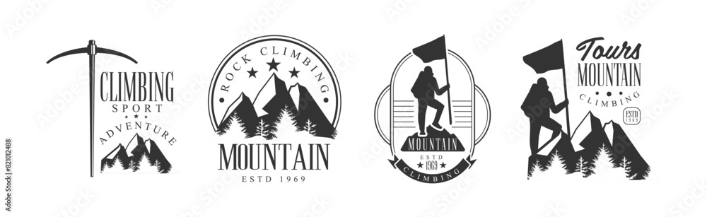 Mountain Climbing Extreme Adventure Tour Black And White Sign Design Template Vector Set Mountain Climbing Extreme Adventure Tour Black And White Sign Design Template Vector Set