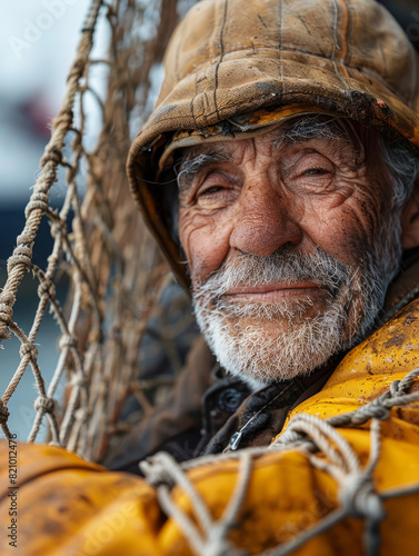 Elderly fisherman with a rugged appearance, posing with a fishing net. © SashaMagic