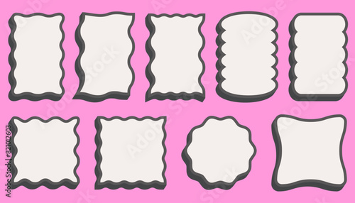Wavy border frame. Rectangle circle and square scallop edge box.. Squiggle groovy aesthetic decorative designs with shadow. Retro cute vector shapes.
